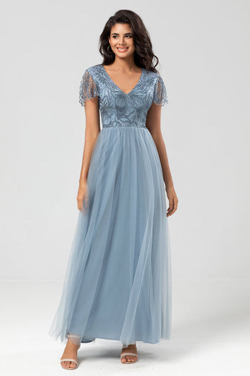 Confiadamente carismático A Line V Neck Dusty Blue Long Bridesmaid Dress con abalorios